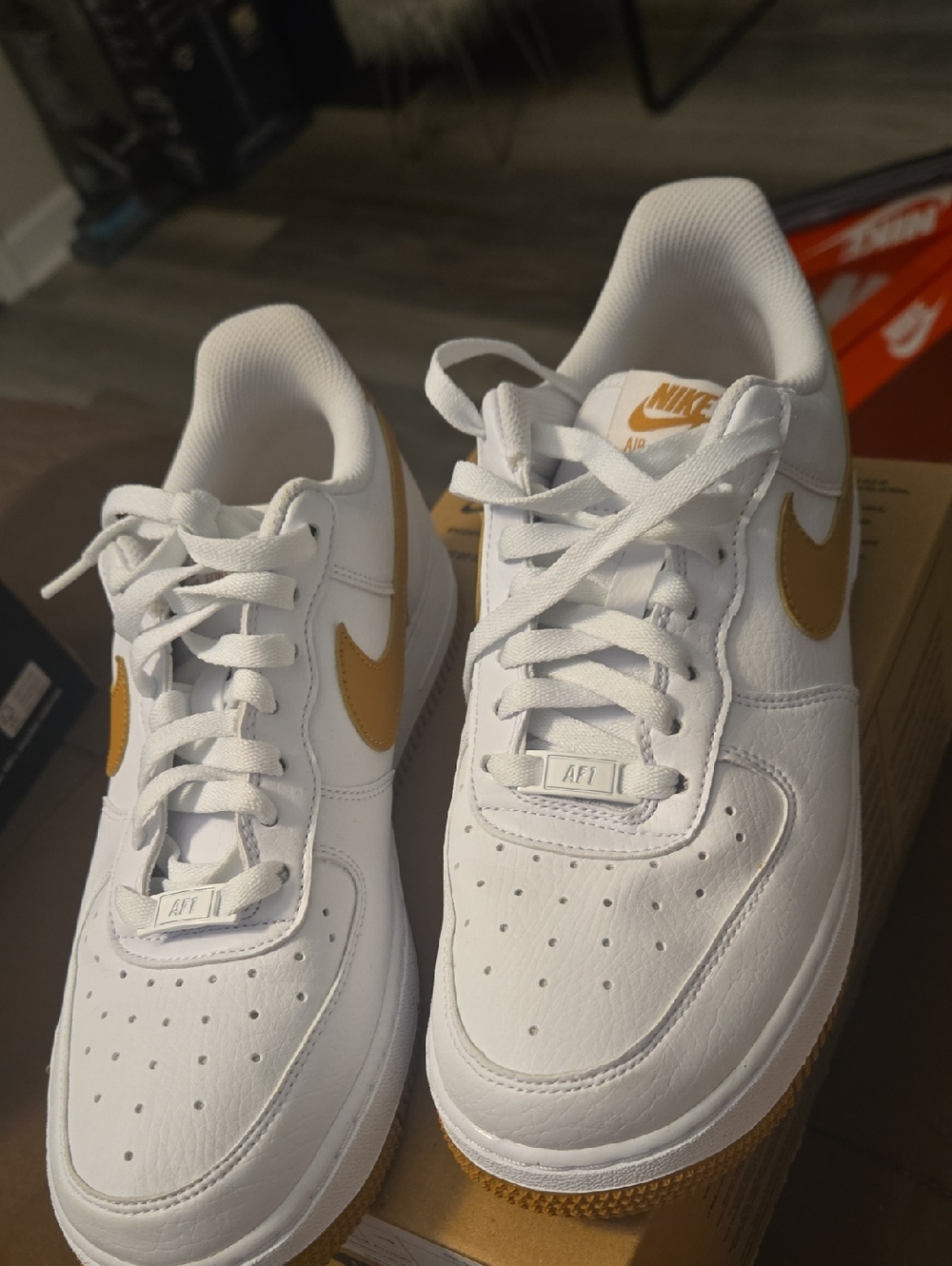 Nike Air Force 1 Low White with Gold BEIGE Swoosh Accents